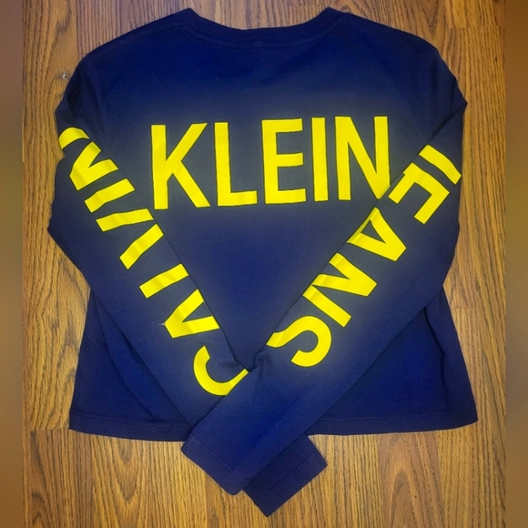 Calvin Klein Jeans Women’s Long Sleeve Crop Top - Dark Blue & Yellow Logo M A59 - Picture 5 of 5